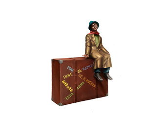 traveler sitting on a suitcase