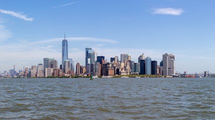 New York City skyline and cityscape taken from water ferry from Upper Bay