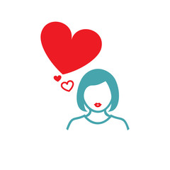 A woman dreams of love. Vector illustration of a female silhouette and red lips. There are several heart symbols nearby.