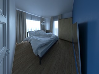 the interior of a small bedroom in the early morning with natural light in a minimalist style