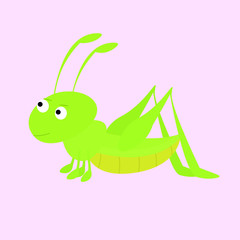Kawaii, funny character, green insect, icon, grasshopper, cute cartoon, smiling face, flat design, kids pictures