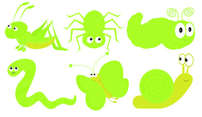 Kawaii is a funny character. Green insect icon set line. Grasshopper, butterfly, caterpillar, snail, worm, spider. Cute cartoon smiling face. Flat design. Baby pictures on a white background