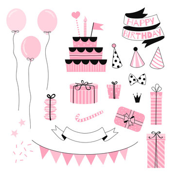 Candy Pink Birthday party essentials isolated on white background. Festal objects vector clip-art set in simple linear style with transparent overlapping shapes. Balloon, cone hat, cake, gift box