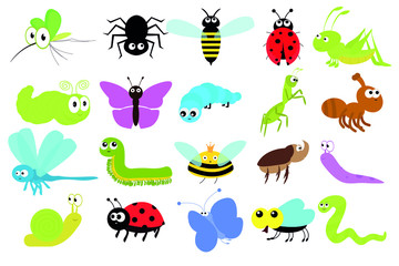 Insect icon set. Kawaii Ladybug, Mosquito, Butterfly, rhinoceros beetle, centipede, Grasshopper, Caterpillar, Spider, Fly, Snail, Dragonfly, Ant, Worm, slug, locust wasp, bee. Flat design. Vector