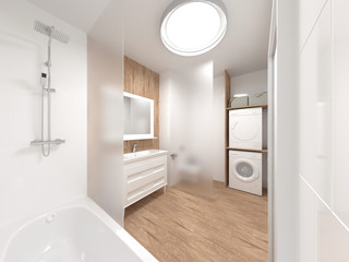 Fototapeta na wymiar modern bathroom interior in the Scandinavian style combined with a toilet. combination of white and wooden surfaces
