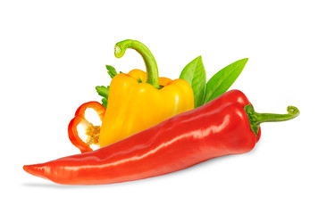 Isolated vegetables, red peppers isolated on a white background with leaves, with clipping path
