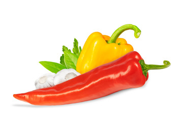 Isolated vegetables garlic, red pepper isolated on a white background, with clipping path