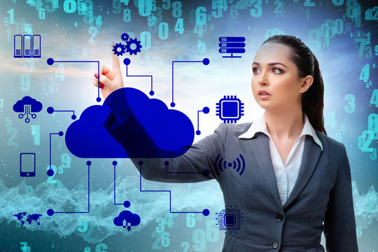 Cloud computing concept with woman pressing buttons