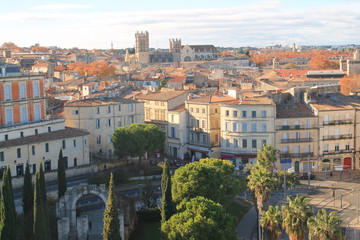 Fototapeta premium Beautiful aerial view over the historic center and St. Peter's Cathedral in Montpellier, city in southern France and capital of the Herault department