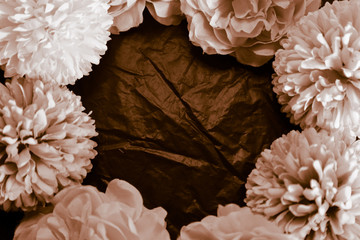 Beautiful abstract color red and brown flowers on black background and light red flower frame and brown leaves texture, dark background, red banner happy valentine