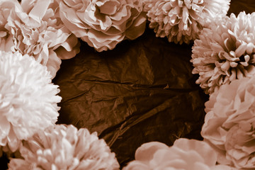 Beautiful abstract color red and brown flowers on black background and light red flower frame and brown leaves texture, dark background, red banner happy valentine