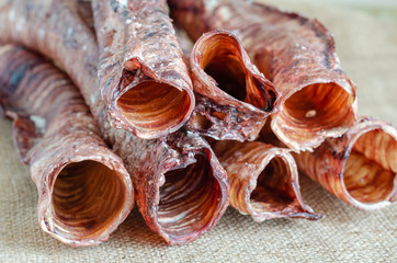 Close-up Dried Beef Trachea. Natural dental treats for dogs. Promotion and pampering of pets. Close-up. Selective focus.