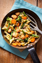 Chicken with dumplings, mushrooms, green beans, onions and carrots