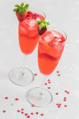 Strawberry sparkling st valentines cocktail. Selective focus, copy space.