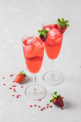 St Valentines party mocktails, strawberry iced drinks. Selective focus, copy space.