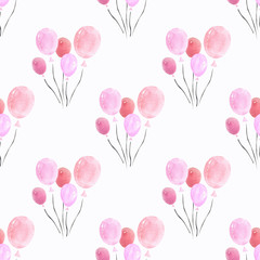 Seamless pattern with balloons on white background Watercolor illustration. Valentines day