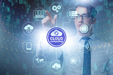 Cloud computing concept with woman pressing buttons