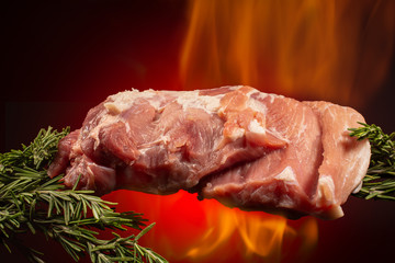 A piece of meat decorated with rosemary hung in the air against a background of fire and a red gradient background