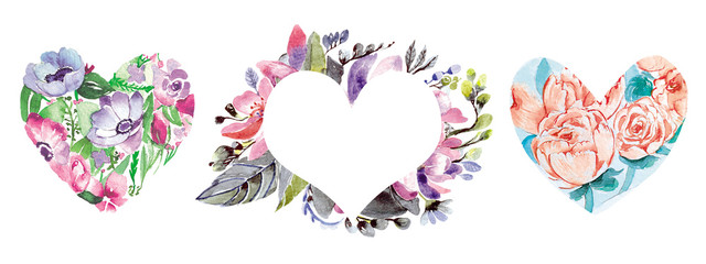 Valentines Day Hearts Clipart. Watercolor floral set. Romantic
