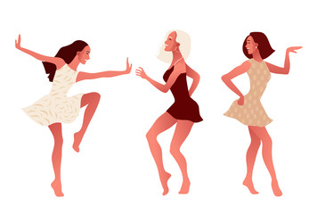 Happy sexy girls or friends dancing and laughing. International Women s Day. 8 March. Vector illustration, template with beautiful women for greeting card, poster or flyer.