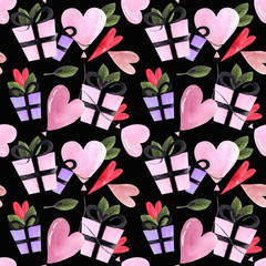 Seamless pattern with heart shaped balloon, gift, leaves on black background Watercolor illustration. Valentines day