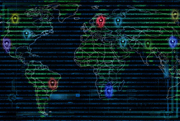 World map with geo pins and computer code overlay. Navigation and geolocation concept illustration....