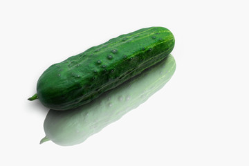 Green cucumber with reflection on white background. Eco healthy food for vegans or diet with good nutrition. Ingredient for recipes of cooking meals