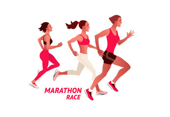 Running multinational people in bright sportswear. Men and women running marathon outdoor.Sports competition, workout or exercise, athletics. Active lifestyle. Colorful vector illustration.