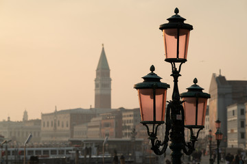 Lanterns in front of doge palace and Campanile in Venice