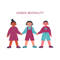Obraz premium Gender neutral child clothing.Children standing together and holding hands.Gender neutrality.Blu,pink.Break the binary concept.Cartoon character on white background.Colorful vector illustration