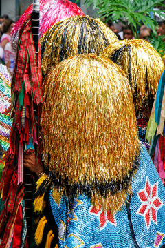 Recife / Pernambuco / Brazil. February, 18, 2017. Parade of the traditional Pernambuco Maracatu "Piaba de Ouro" during a carnival preview, with its "Caboclos de Lan&ccedil;a" and other characters.
