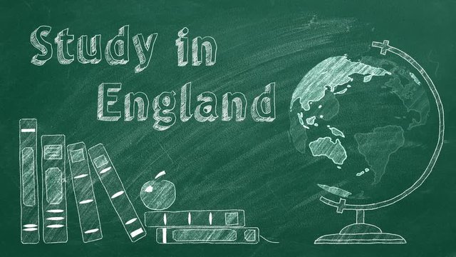Lettering "Study in England", rotating globe and school books are drawn with chalk on a blackboard. Study abroad concept.
