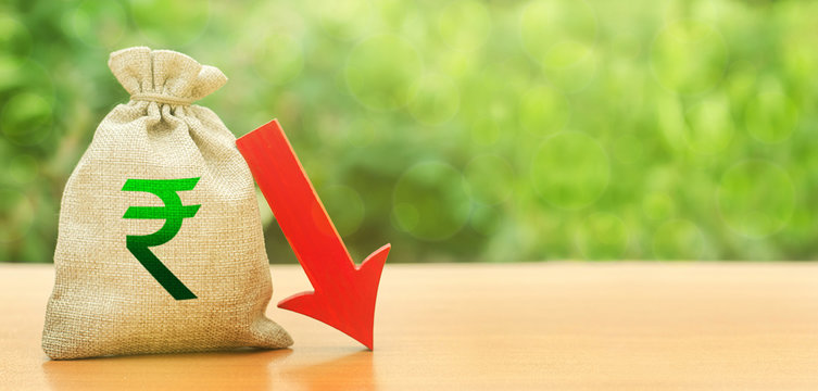 Indian rupee money bag and red arrow down. Economic decline difficulties. Deposit interest rate reduction. Depreciation of national currency. Influence external factors on economy. Devaluation.