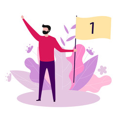 Vector illustration in flat style. Concept of leader, businessman, boss. A man holds in his hand a flag with the number one. The concept of victory, problem solving.