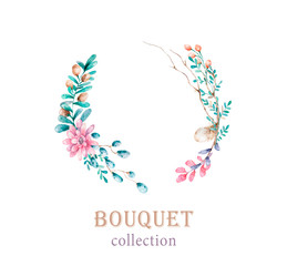 Watercolor vintage flowers frame. Hand painted wreath with feather, leaves and floral elements. greeting bouquet design