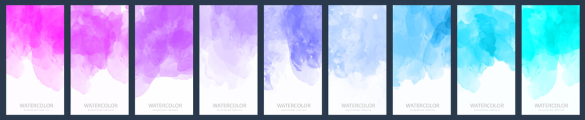 Set of light pink, purple, blue and cyan gradient vector watercolor vertical backgrounds for poster, banner or flyer
