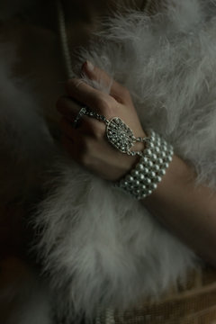 Roaring twenties style concept. Close up view of vintage fashion accessories. 