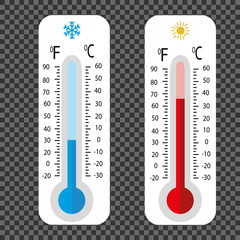 Celsius and fahrenheit meteorology thermometers measuring heat and cold, vector illustration. Thermometer equipment showing hot or cold weather.	