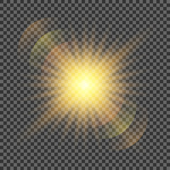 Shining vector golden sun with light effects. Flares and gleams rounded and hexagonal shapes, rainbow halo.	