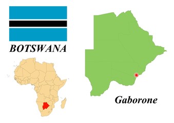 Republic Of Botswana. Capital Of Gaborone. Flag Of Botswana. Map of the continent of Africa with country borders. Vector graphics.
