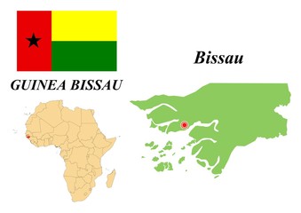 Republic Of Guinea-Bissau. Capital Of Bissau. Flag Of Guinea-Bissau. Map of the continent of Africa with country borders. Vector graphics.