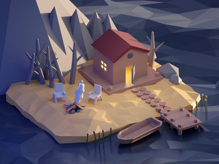 Low Poly Lake House. 3d illustration