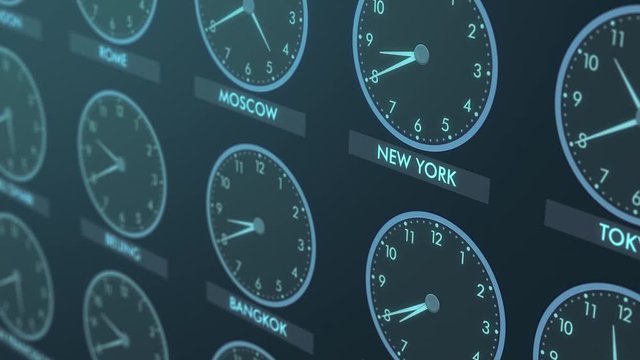 close up view of a wall of clocks with time of different cities (3d render)