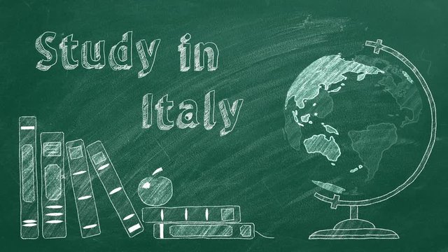 Lettering "Study in Italy", rotating globe and school books are drawn with chalk on a blackboard. Study abroad concept.