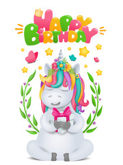 Naklejka premium Cute rainbow cartoon unicorn character with gift box in hands. Birthday card template.