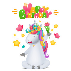 Cute rainbow cartoon unicorn character with flower in hand. Birthday card template.