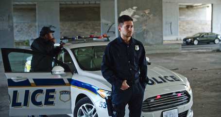 Confident cheerful policeman standing by car smiling of joy at work. Afro american police officer using walkie-talkies asking for reinforcement. Police patrol. © Fractal Pictures