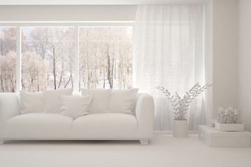 Mock up of stylish room in white color with sofa and winter landscape in window. Scandinavian interior design. 3D illustration