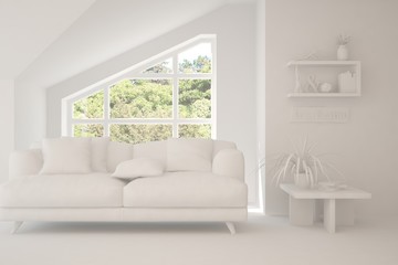 Mock up of stylish room in white color with sofa and green landscape in window. Scandinavian interior design. 3D illustration