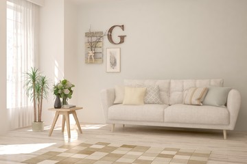 Stylish room in white color with sofa. Scandinavian interior design. 3D illustration